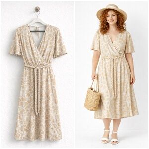 LOFT Beach Animal Spotted Wrap Midi Dress Whipped Buttercream Size Large